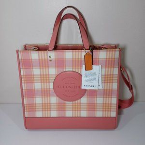 Coach C8200 X Large Dempsey Jacquard Tote Bag White Pink & Yellow Plaid NWT $498